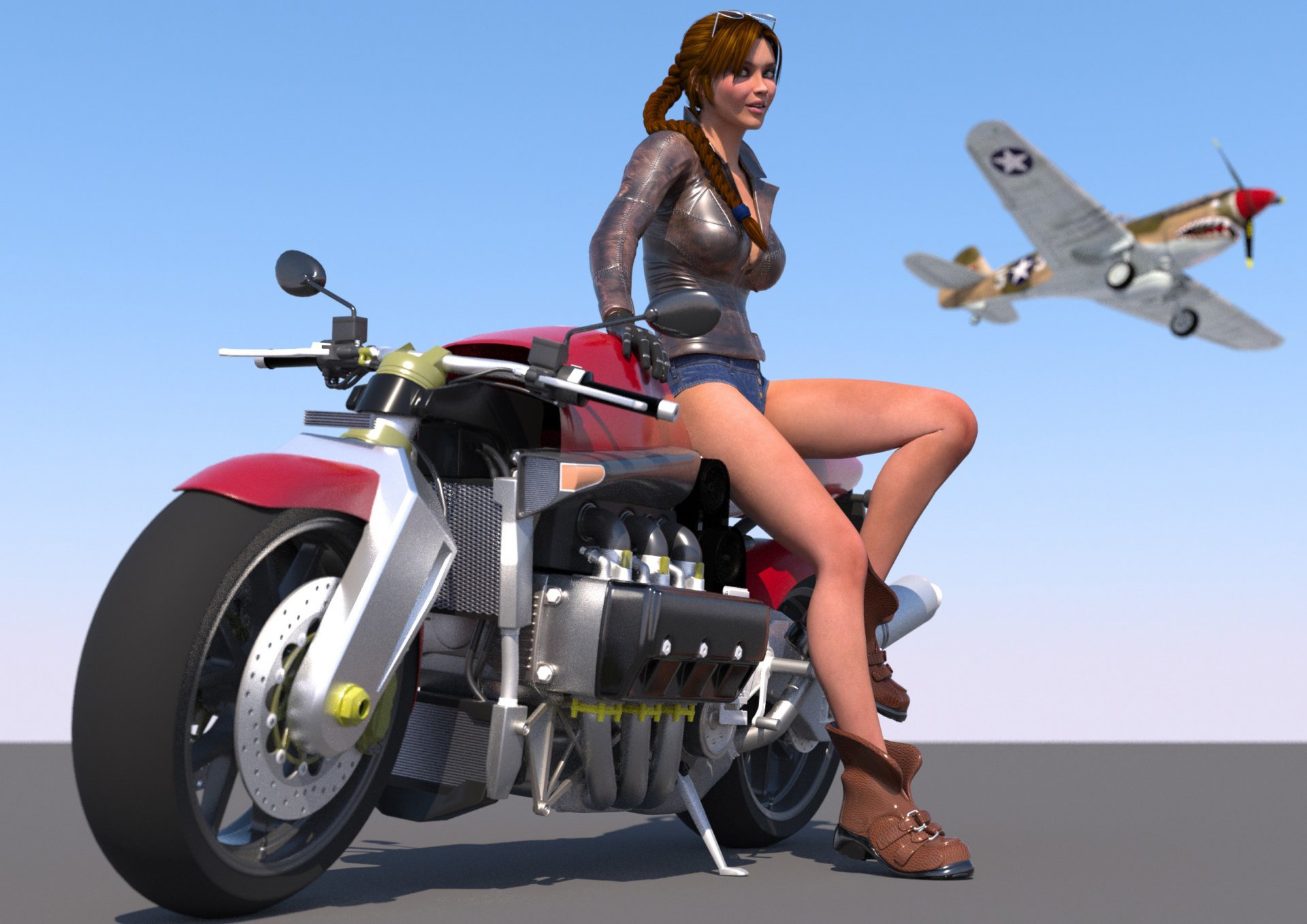 arte chica motocicleta en cielo avión representación visualización 3d