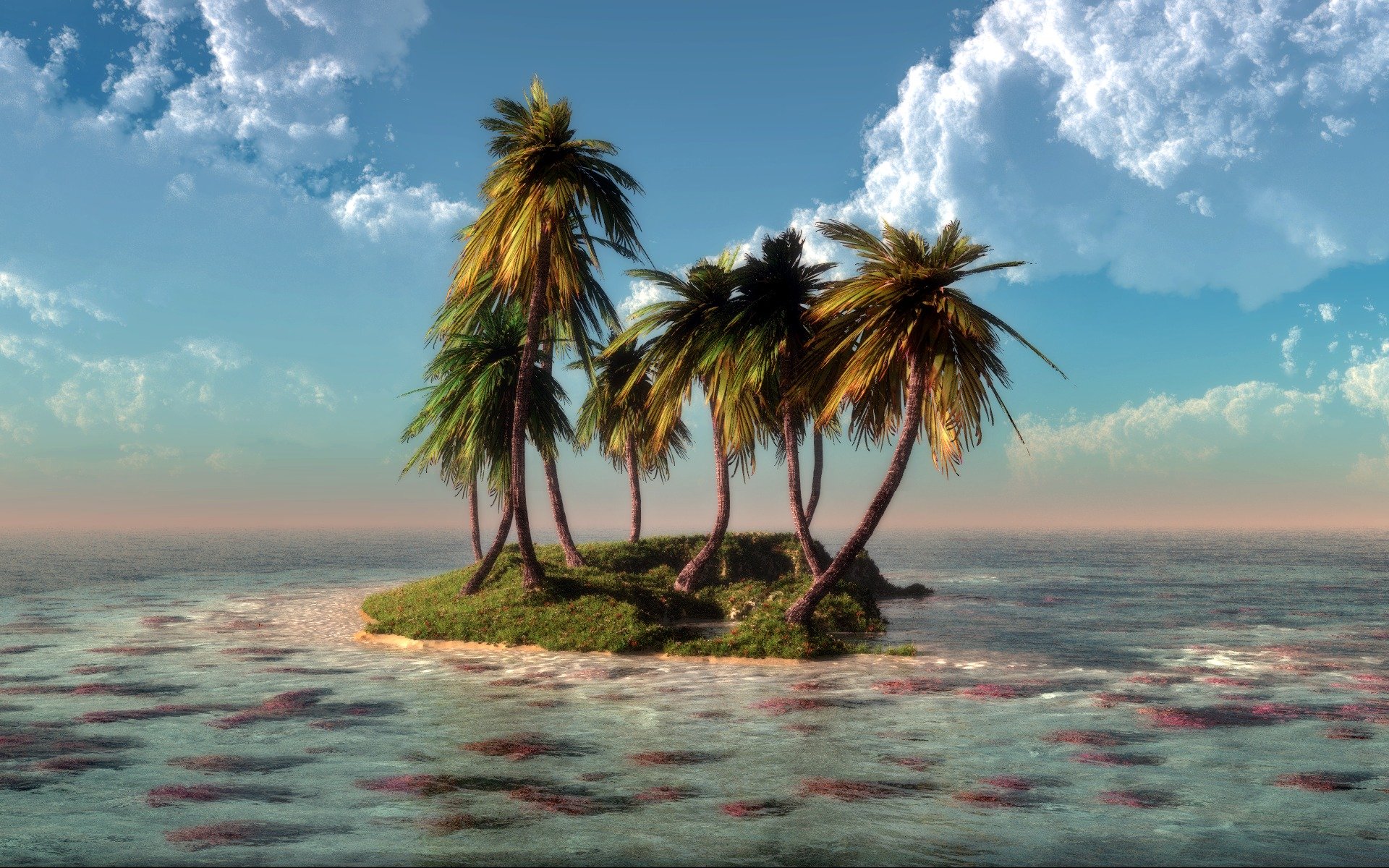 art klontak nature sea water island palm clouds coral