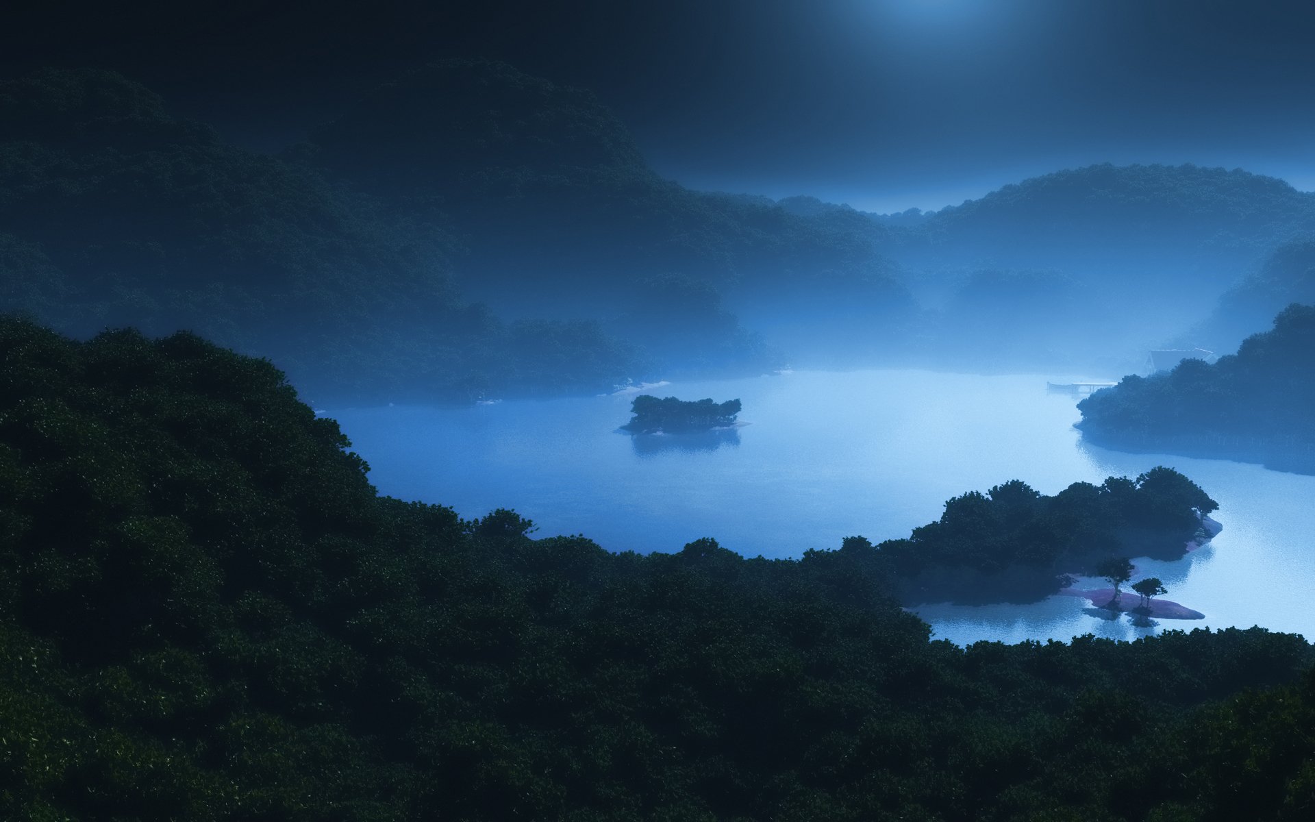 art nuit îles mer lac brouillard collines forêt clair de lune