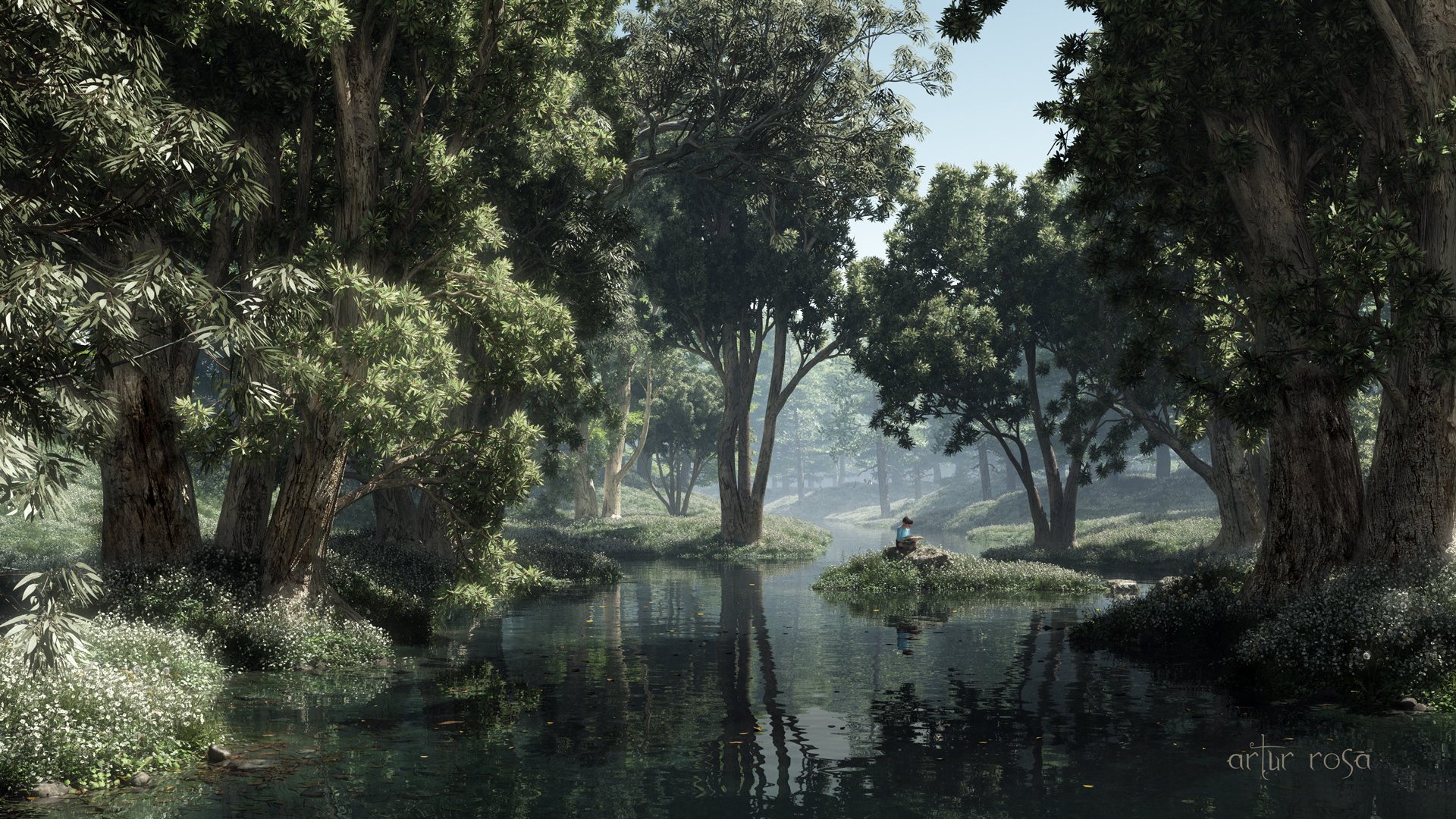 forêt étang lac île îlot garçon livre ensoleillé ombre feuillage arbres silence