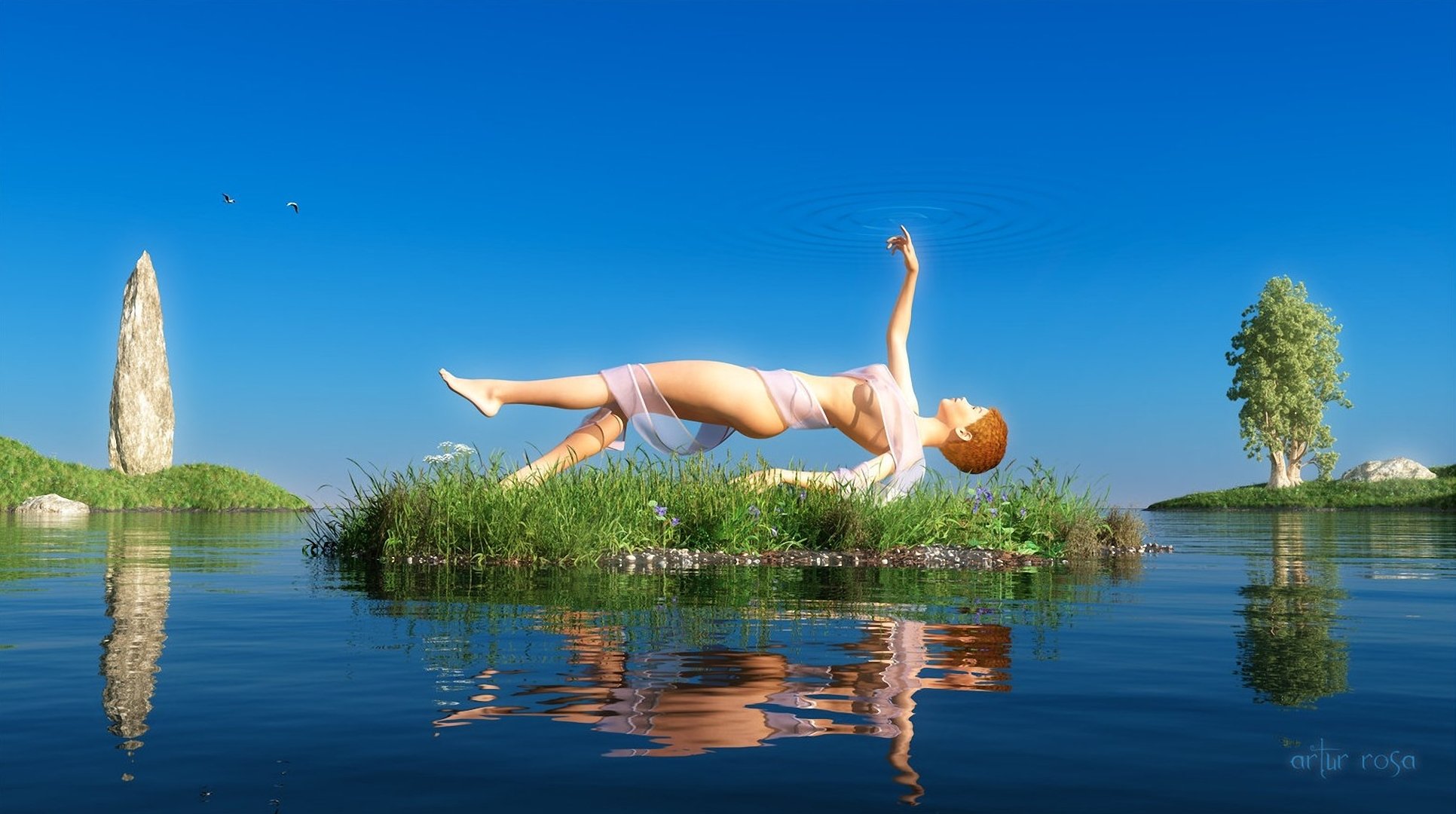 arte chica lago agua isla islote hierba árboles piedra superficie reflexión cinta tela raya mano cielo levitación