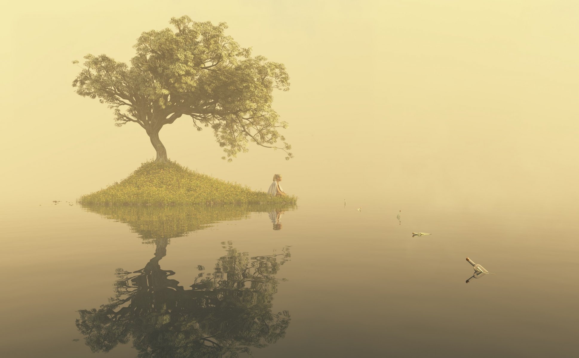 arte agua lago superficie árbol isla chica botellas álbum de recortes soledad niebla