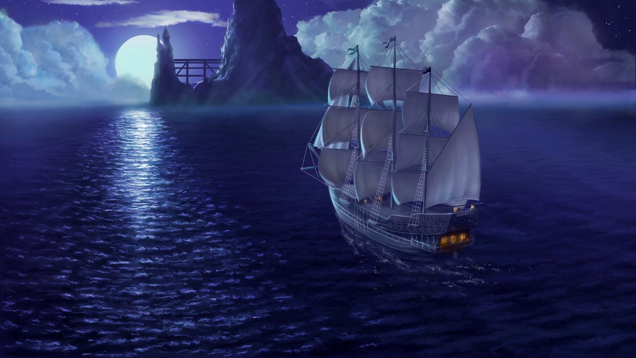 rendering sea ship sail moon night sky