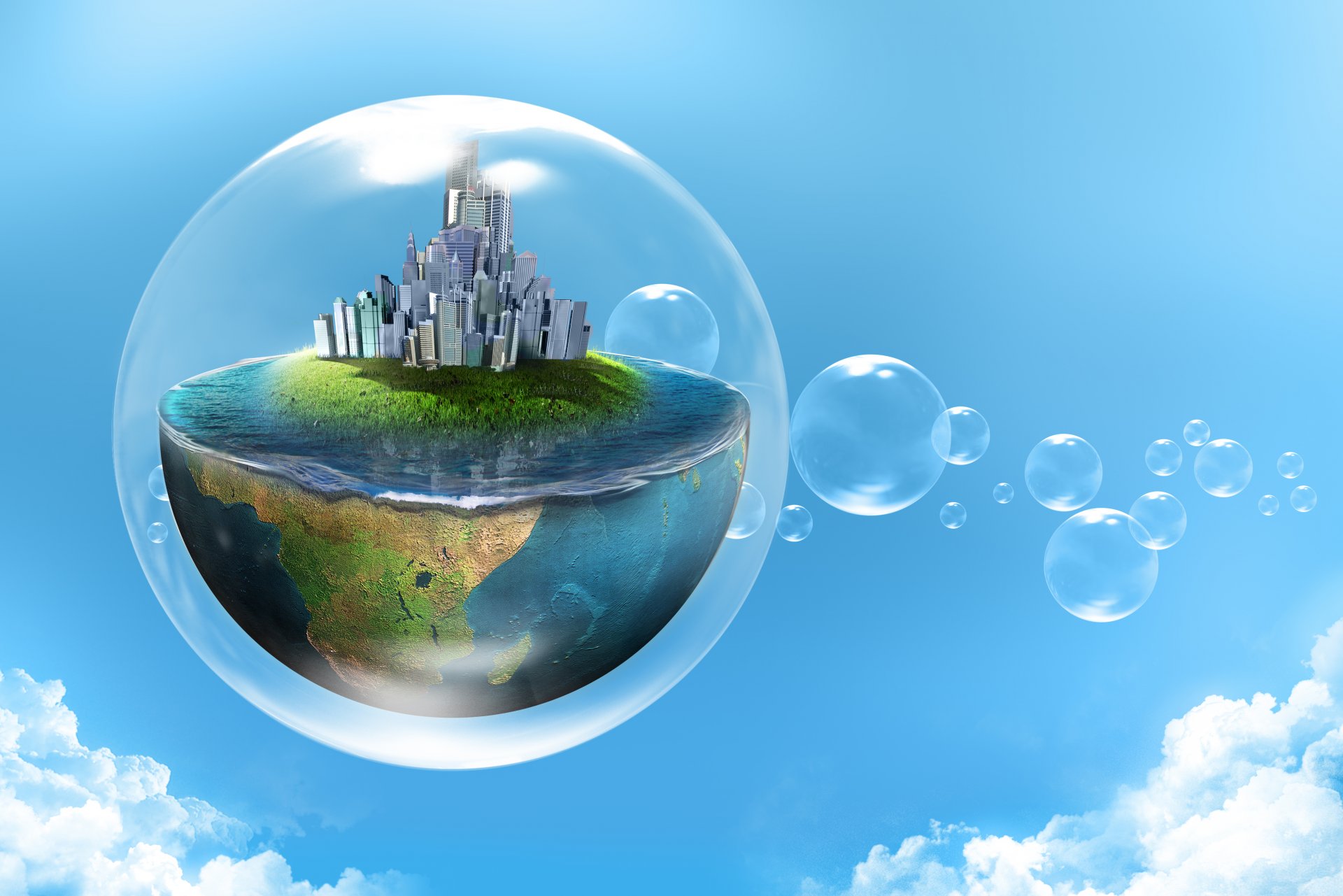 creative bubble town planet half water clouds sky