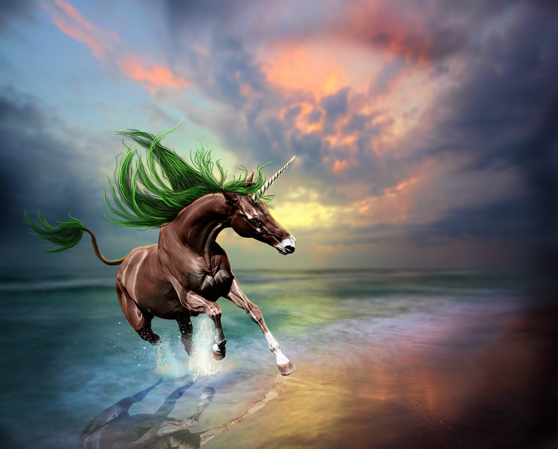 animale cavallo unicorno cavalca mare onde riflessione cielo tramonto 3d arte