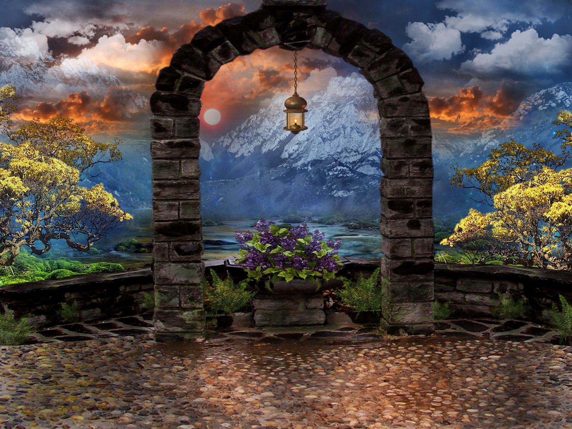 3d art art arch mountains lantern trees flowers sky cloud