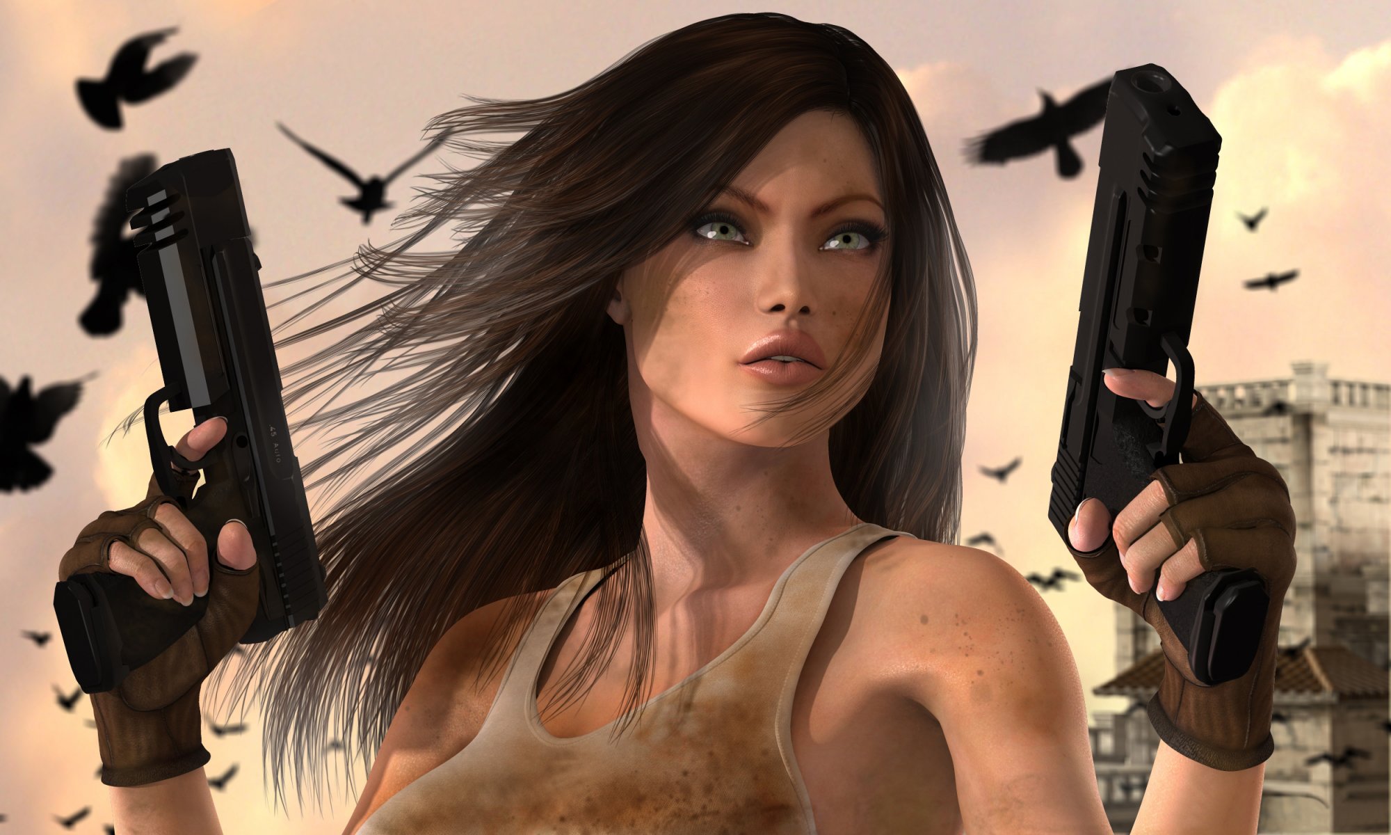 girl 3d guns town birds view