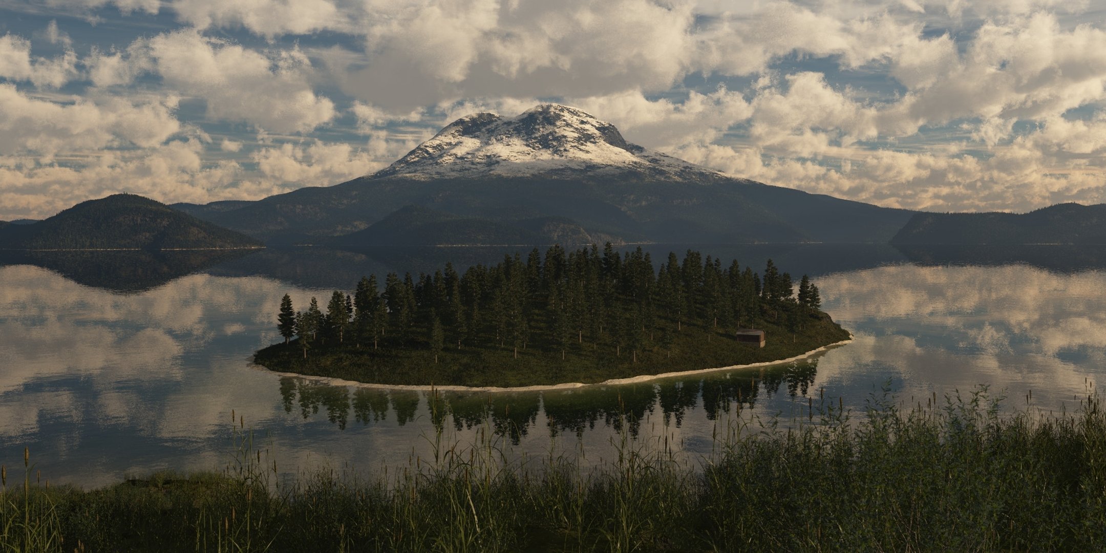 arte naturaleza montaña lago isla edificio árboles