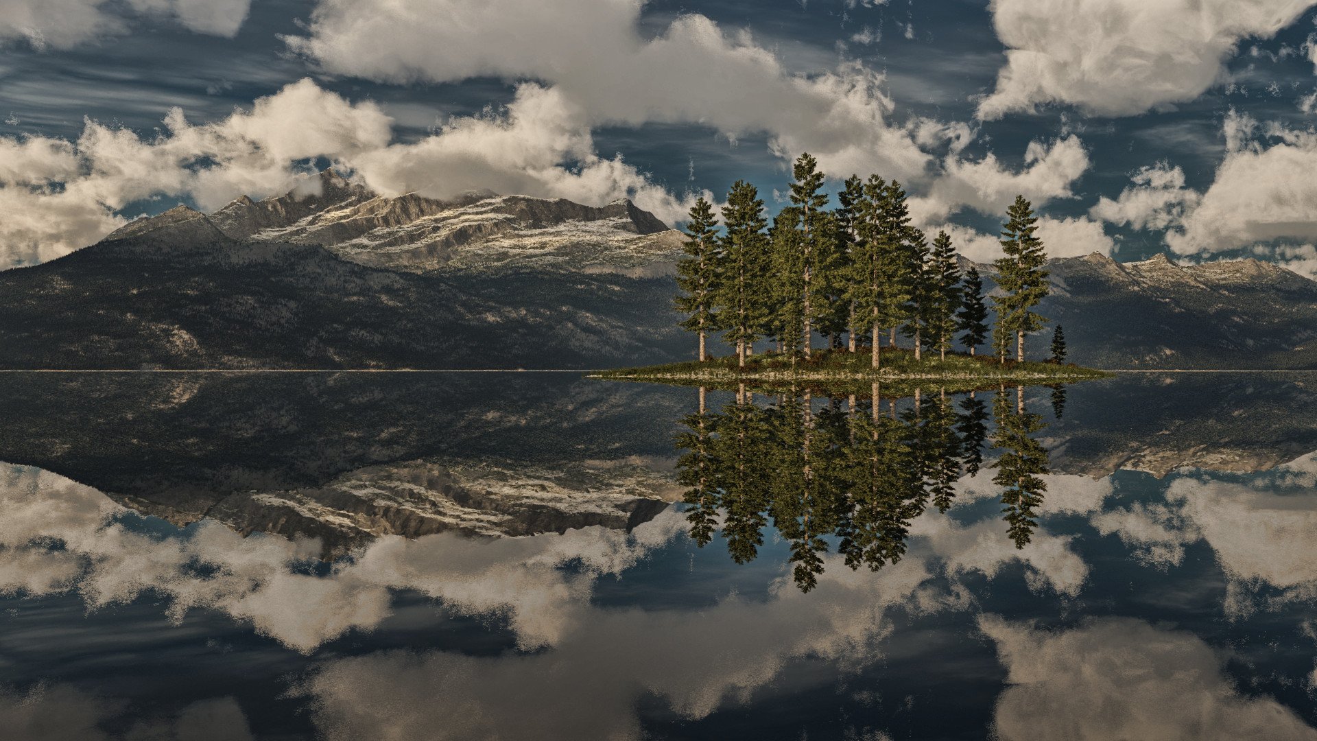 arte lago reflexión isla abeto árboles montañas rocas nubes