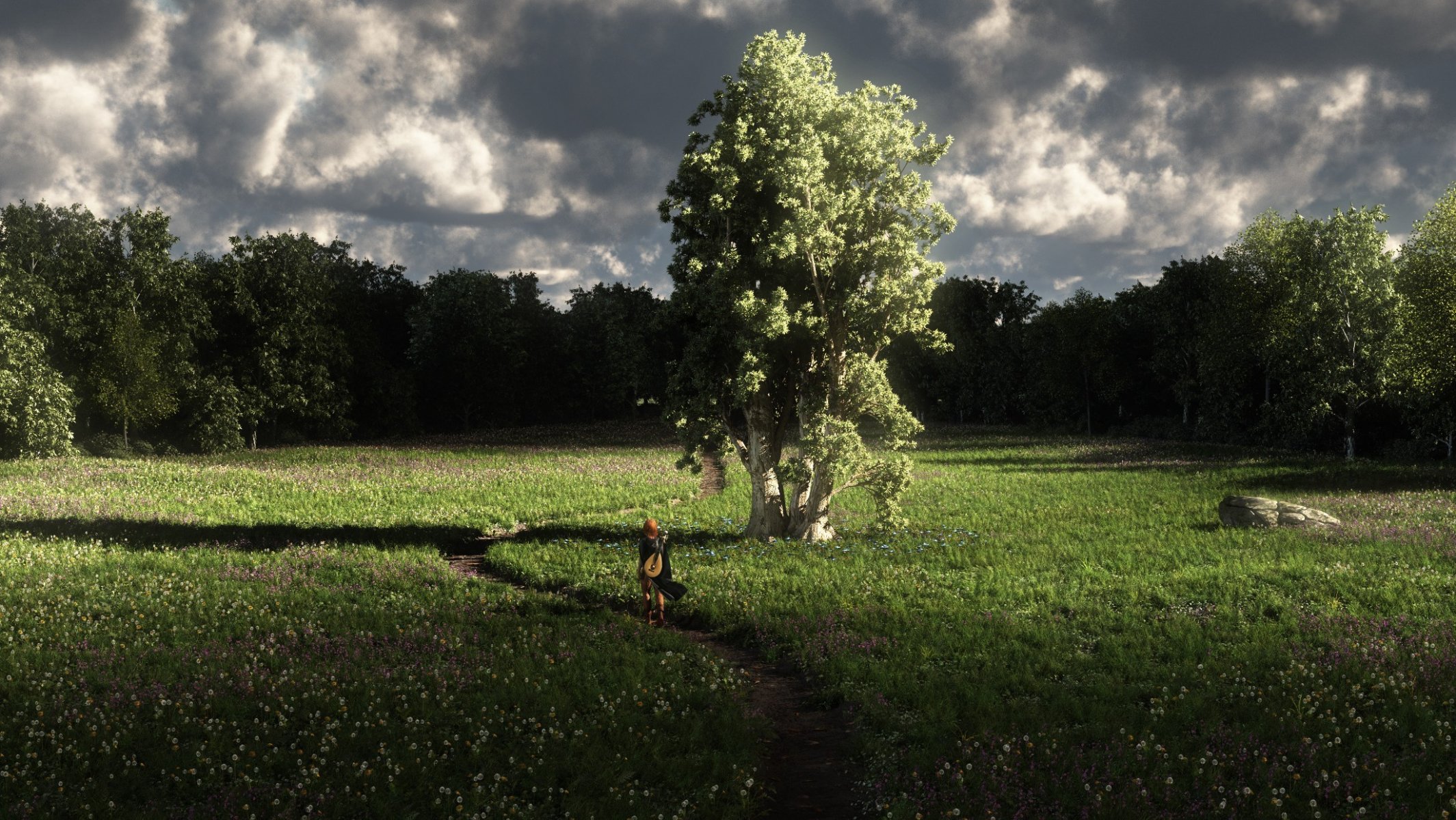 de l art de la nature de l herbe l arbre la forêt la jeune fille le luth le sentier le voyageur les nuages sur le terrain les fleurs les rayons du soleil