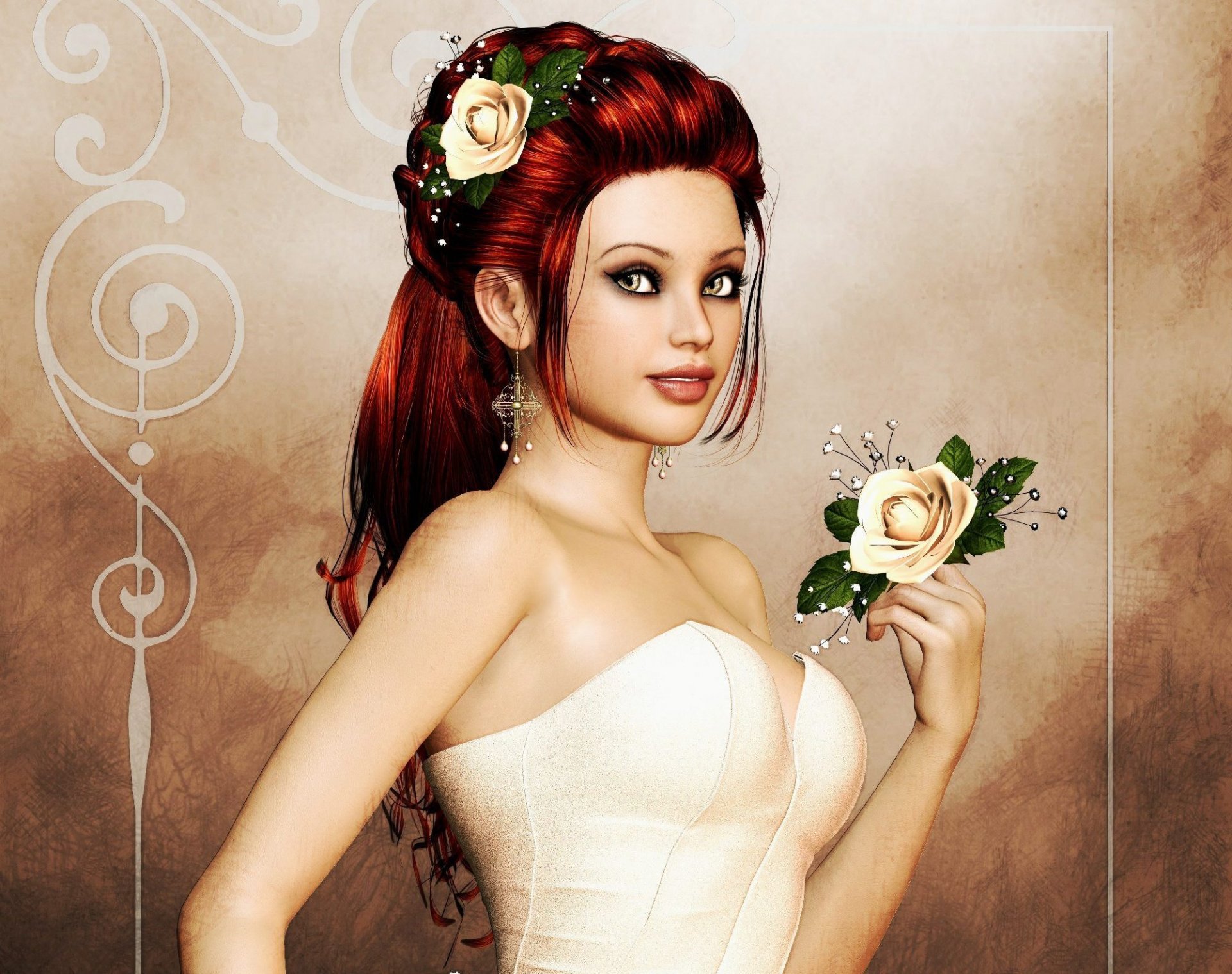 rendering ragazza viso sguardo capelli rossi acconciatura fiori orecchini braccio spalle corsetto sfondo