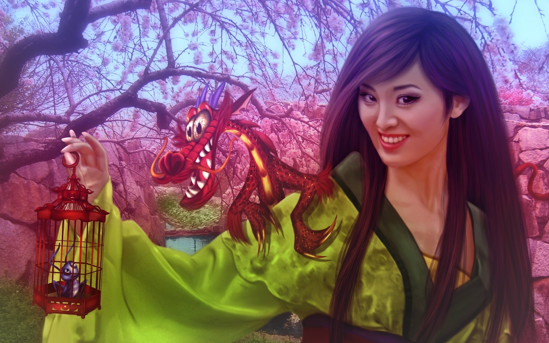 mulan donatella drago walt disney animationsfilm mädchen china prinzessin drachen fantasie fanart sakura blüte