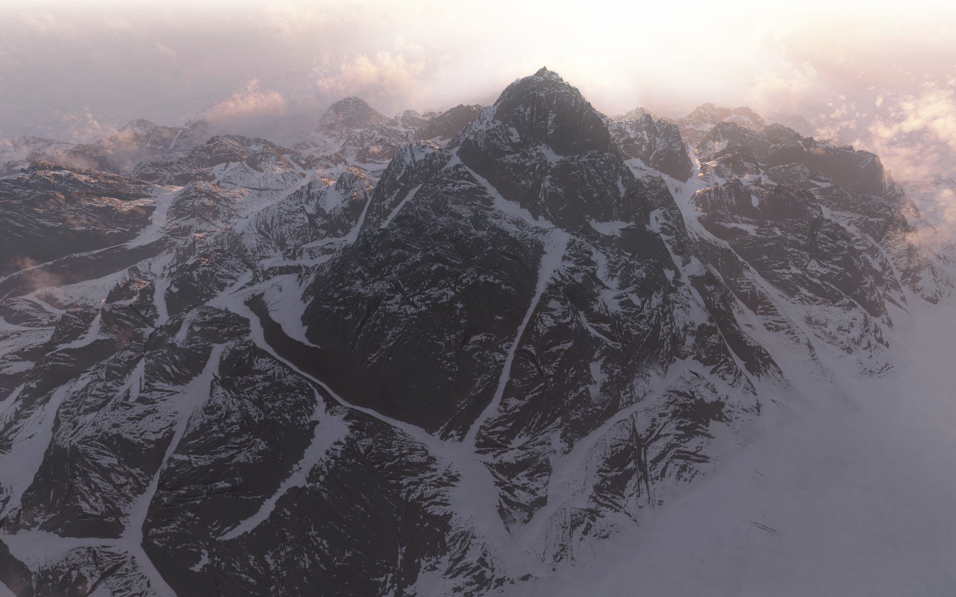 arte montañas pico nieve cresta nubes neblina