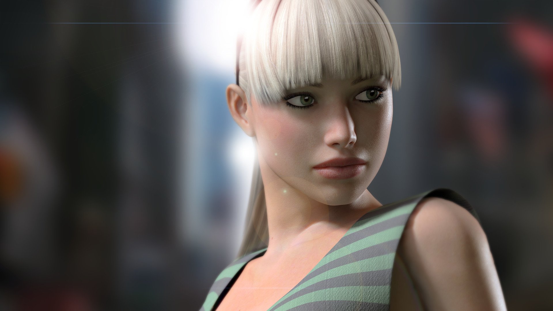 rendering mädchen gesicht blick augen haare schwanz blond licht hintergrund