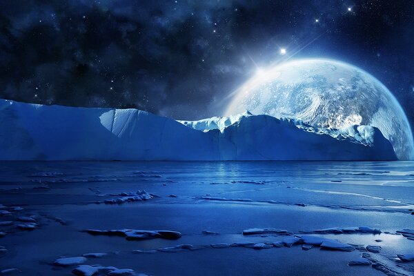 Nuit de glace avec vue sur les étoiles et les planètes