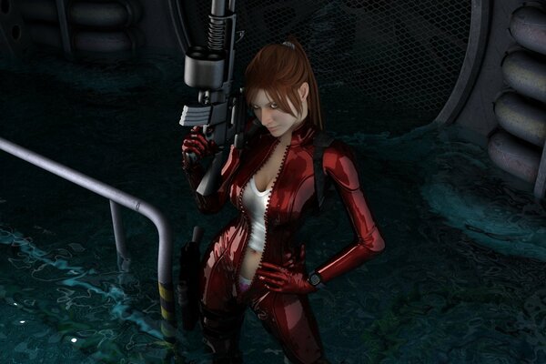 A red-haired girl in a red suit with a gun