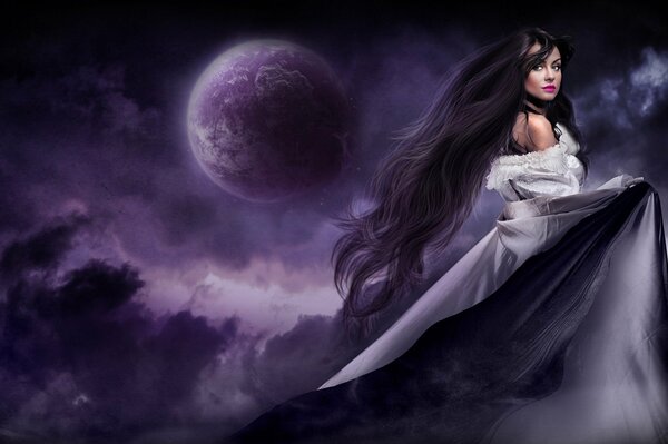 Long-haired girl dans la nuit de la lune