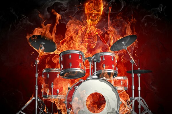 The fiery skeleton plays the drums