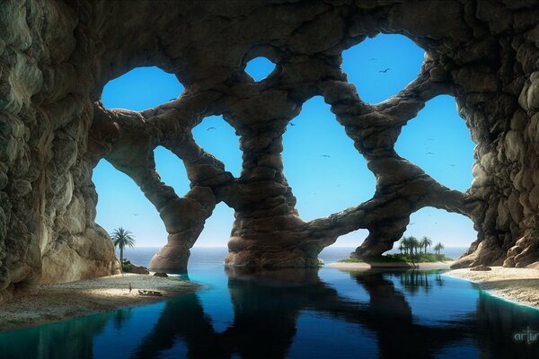 Hermosa gruta en forma de células en el océano