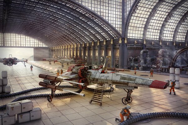 Großer Hangar mit Schiff im Inneren