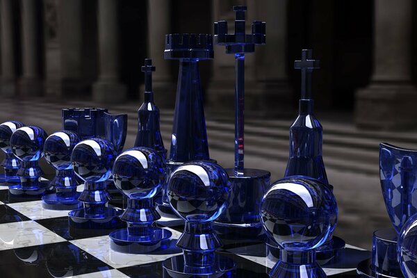 Juego de ajedrez de cristal azul