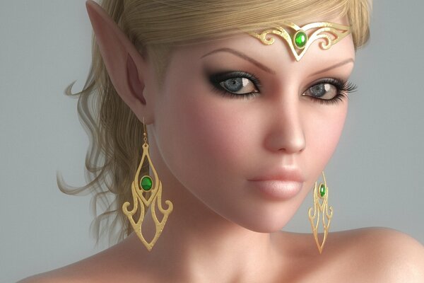 An elf girl with a tiara on her forehead and earrings in her ears , with bare shoulders and white hair