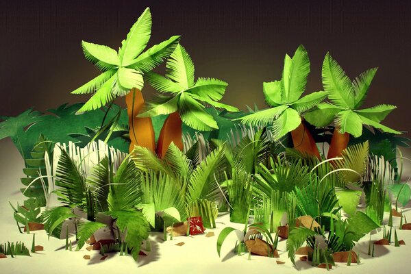 Palm trees, green jungle plants made of cardboard