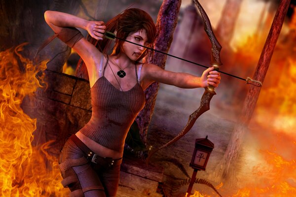 3d girl on fire with arrows and bow