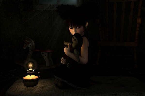 Ein Mädchen umarmt eine Puppe im Dunkeln an einer Kerze