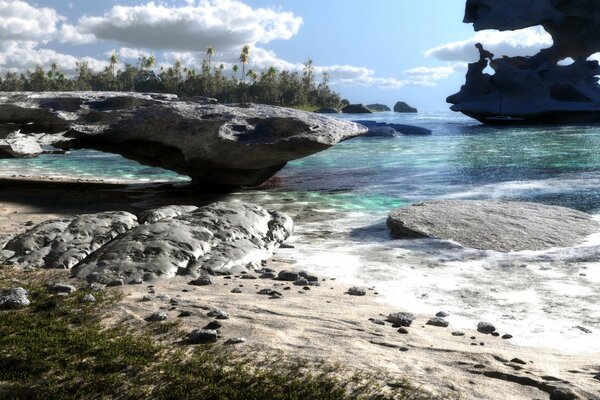 Paysage de la mer, le sable et les rochers