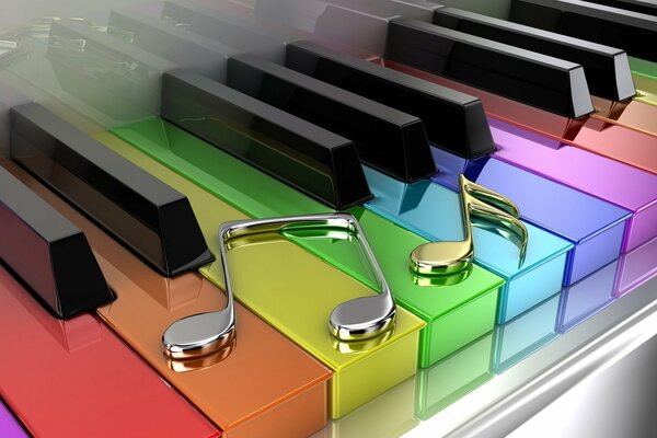 Brilliant notes lie on the multi-colored piano keys