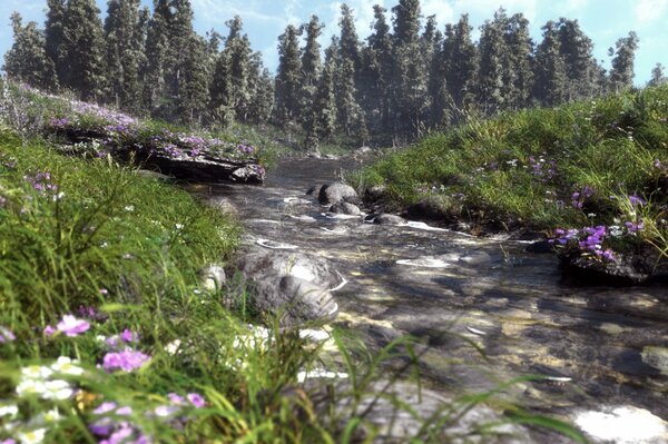 A river with a rocky bottom, overgrown with grass