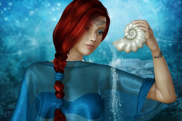 Девушка в прозрачных одеждах, с рыжими волосами , держит в руках ракушку, из которой сыплется волшебный песок