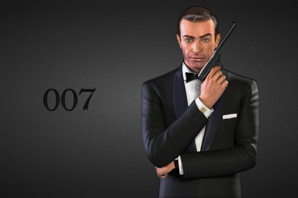 A man in a black suit with a gun