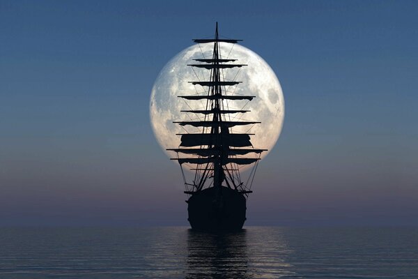 A ship with sails on the background of a bright moon and sky