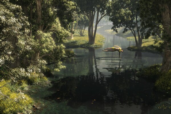 Meditative art on water in the forest