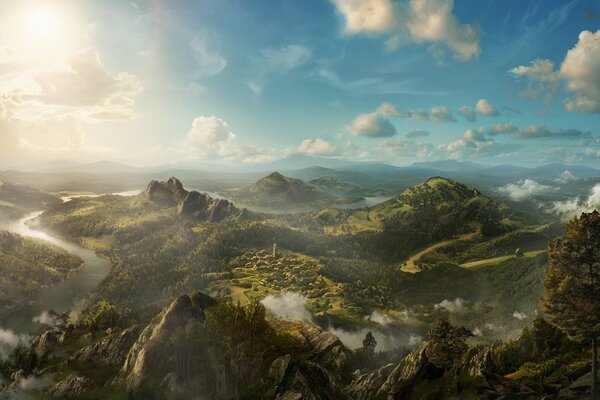 Vue panoramique de la hauteur sur la campagne, les arbres, les rivières et les nuages