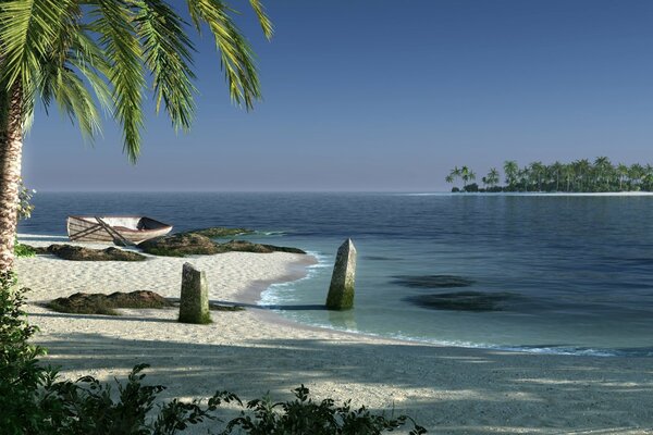 Tropikalna wyspa z palmami i łodzią