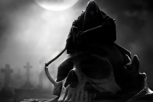 The silhouette of death on a skull with graves in the background