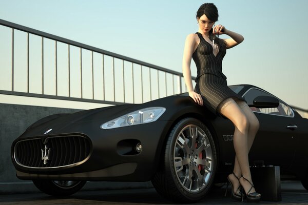 Chica en vestido corto al lado de negro Maserati