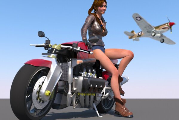 L art de la fille sur la moto et avion dans le ciel