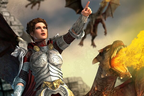 A girl in armor on a fire-breathing dragon