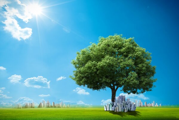 A bright lawn with a city under a tree