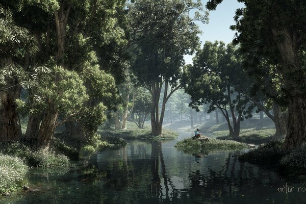 Garçon avec un livre sur l île dans l étang dans la forêt