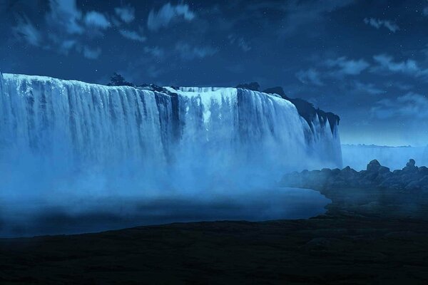 Une large chute d eau sur le fond du ciel nocturne