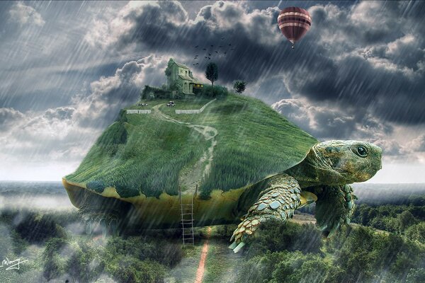 A giant turtle with a house on its shell