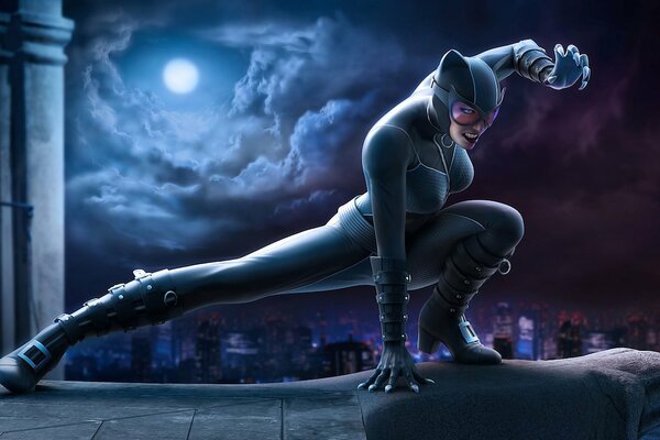 Catwoman en la noche en el fondo de la ciudad