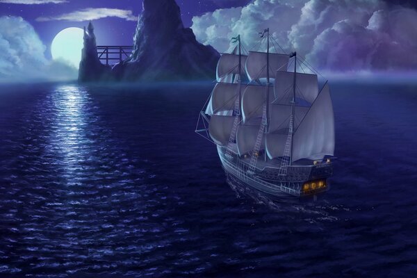 Rendering. Ships with sails in the night sea against the background of rocks, clouds, moon
