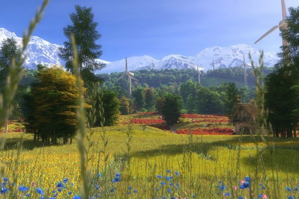 Арт луга с цветами на фоне горы
