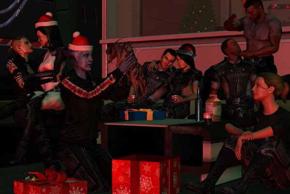 Новогодняя вечеринка, девушки и юноши среди коробок с подарками в затемненной комнате, некоторые в шапке деда мороза